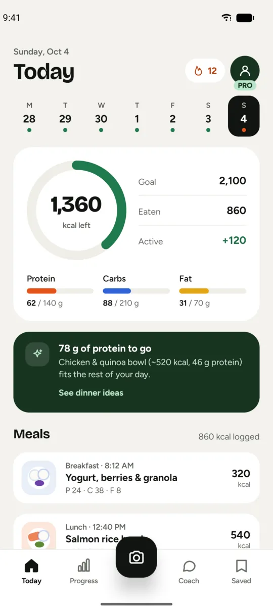 Today view with calorie ring and macro bars.