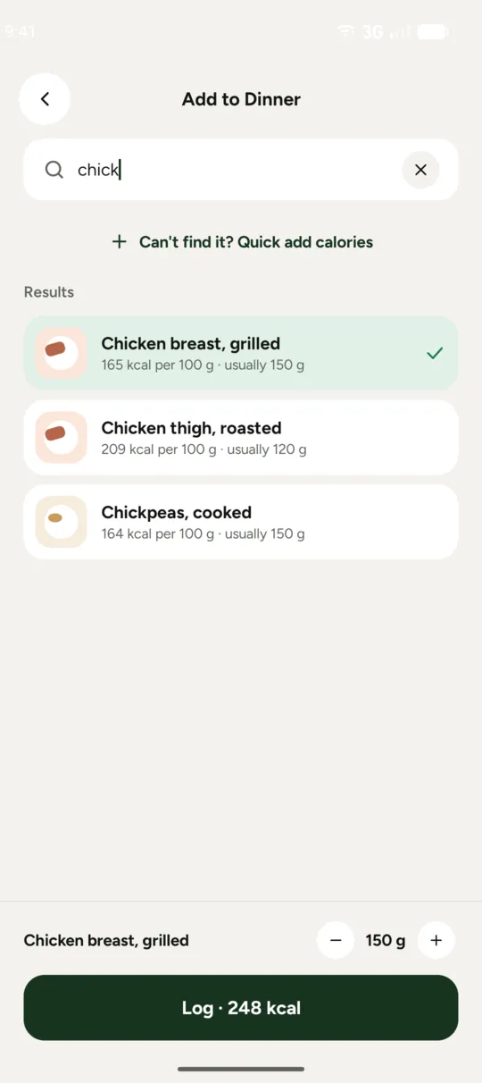 Food search screen with results.