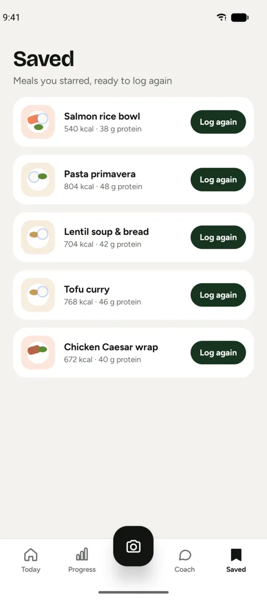 Saved favourite meals list.