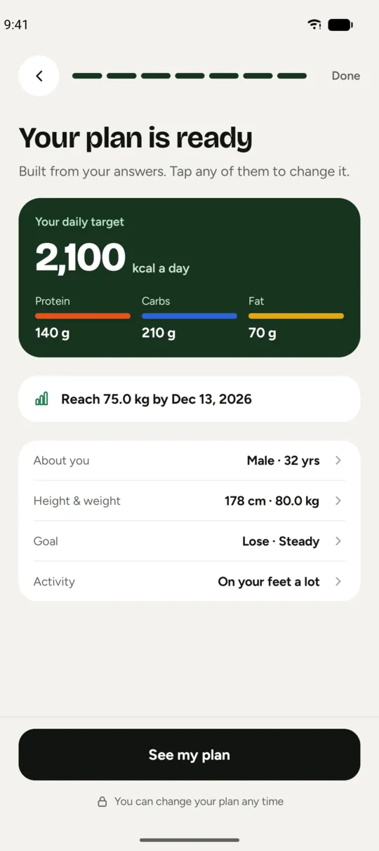 Personal plan with daily calorie and macro targets.